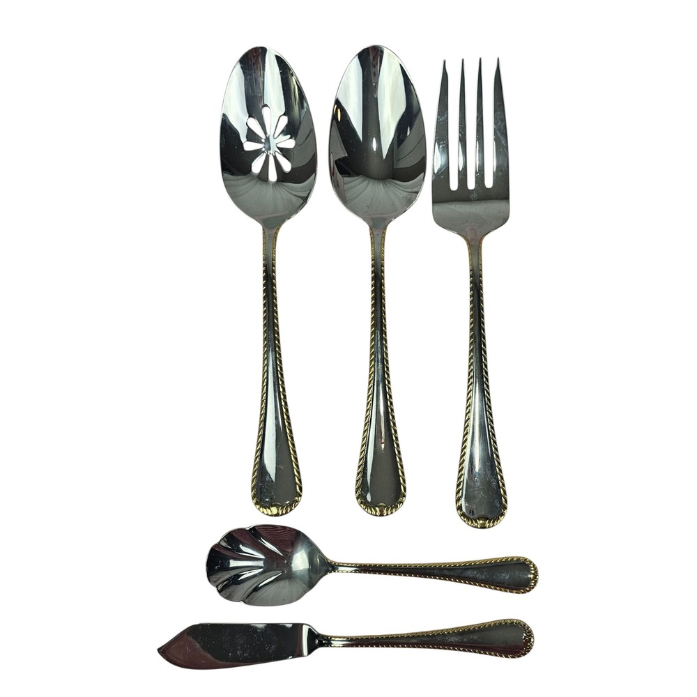Mikasa Cameo 18/10 Stainless Serving Utensils Gold Trim Spoons Fork Butter Knife